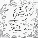 A simple black and white shark coloring page designed for kids, featuring a smiling shark underwater in line art, perfect for a coloring book activity.