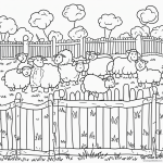 Black and white coloring page of a sheep jumping over a fence, designed for kids with clear outlines and no shading, perfect for a coloring book.