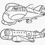 A simple black and white coloring page for kids featuring an airplane with smiling passengers, perfect for coloring books with clear outlines and no shading.