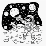 A simple black and white astronaut coloring page for kids featuring an astronaut floating in space, ideal for a coloring book with clear outlines and no shading.
