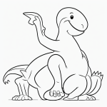 A simple black and white coloring page featuring a smiling baby T-Rex, perfect for kids' coloring books with clear outlines and no shading.