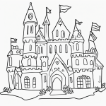 Black and white coloring page of a castle with flags, designed for kids with clear outlines, ideal for a coloring book to enhance children's creativity.