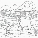 Simple black and white coloring page of a goat on a hill, line art with clear outlines, perfect for children's coloring books.