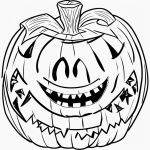 Black and white coloring page of a smiling jack-o-lantern, featuring clear outlines and simple design, perfect for kids' coloring activities.
