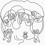 Simple black and white coloring page for kids depicting a lion jumping through hoops, featuring clear outlines and line art suitable for coloring books.