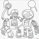 A simple black and white coloring page for kids featuring a friendly robot waving hello, drawn in clear line art with no shading, ideal for coloring books.