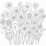 A simple black and white coloring page featuring blooming spring flowers, ideal for kids. Line art with clear outlines, perfect for coloring books.