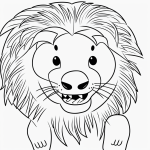 A simple black and white coloring page of a smiling lion with a big mane, featuring clear outlines suitable for kids' coloring books.
