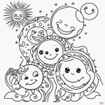 Black and white coloring page for kids featuring a smiling sun and moon with clear outlines, ideal for coloring books and young artists.