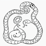 A simple black and white coloring page of a snake curling up, designed with clear outlines and no shading, perfect for kids' coloring books.