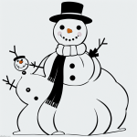 Black and white snowman coloring page for kids, featuring a snowman wearing a scarf, designed with clear outlines perfect for coloring books.