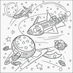 A simple black and white coloring page for kids depicting a spaceship flying through stars, perfect for coloring book enthusiasts with clear outlines and no shading.