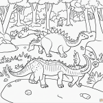 Black and white coloring page of a stegosaurus in a forest, featuring clear outlines for kids to color and engage with dinosaur-themed fun.