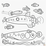 A simple black and white coloring page featuring a submarine under the ocean, designed for kids with clear outlines and no shading, perfect for a coloring book.