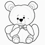 Black and white coloring page of a teddy bear holding a heart, designed for kids, featuring simple line art with clear outlines, perfect for coloring books.