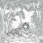 A simple black and white coloring page of a tiger sitting in the jungle, featuring clear outlines and no shading, ideal for kids' coloring books.
