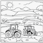 Line art of a tractor plowing a field, black and white, perfect for kids' coloring books with clear outlines and simple design.
