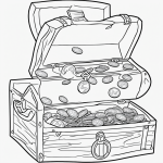 A simple black and white coloring page for kids, depicting a treasure chest filled with gold coins, designed with line art and clear outlines for easy coloring.