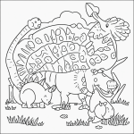 A simple black and white coloring page showing a triceratops eating leaves, with clear outlines, perfect for kids' coloring books.