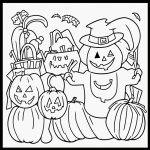 Black and white coloring page featuring trick-or-treaters with candy bags, perfect for kids to color and enjoy Halloween-themed art.