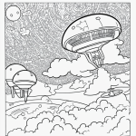 A simple black and white UFO flying over Earth coloring page for kids, featuring clear outlines and line art, ideal for a children's coloring book.