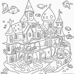 A simple black and white coloring page for kids featuring an underwater castle. The line art shows clear outlines, ideal for coloring and sparking creativity.
