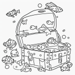 A simple black and white coloring page depicting an underwater treasure chest scene with fish, featuring clear outlines and designed for kids' coloring books.