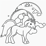 A simple black and white coloring page featuring a unicorn with a rainbow, designed for kids, showcasing clear outlines and line art suitable for coloring books.