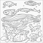 A simple black and white coloring page for kids showing a whale spraying water, designed with clear outlines and suitable for a coloring book.
