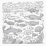 A simple black and white coloring page of a whale family underwater, featuring clear outlines for kids to color in a coloring book.