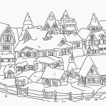 A simple black and white coloring page depicting a winter village covered in snow, designed for kids with clear outlines suitable for a coloring book.