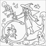 A simple black and white coloring page of a witch flying on a broom, designed with clear outlines, perfect for kids to color and enjoy.