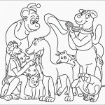 A simple black and white coloring page showing a zookeeper happily feeding various animals, designed with clear outlines, suitable for kids' coloring books.