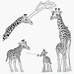 Black and white coloring page of a zookeeper feeding giraffes, designed for kids with clear outlines and no shading, ideal for coloring books.
