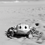 A simple black and white line art of a baby crab on the sand, with clear outlines, ideal for kids' coloring books and creative activities.