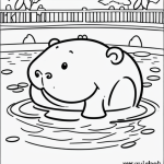 A black and white coloring page featuring a cute baby hippo in a pond, designed for kids' coloring books with simple line art and clear outlines.