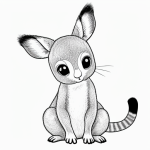 A simple black and white coloring page of a baby kangaroo peeking from its mother's pouch, designed for kids' coloring activities.