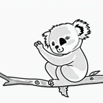 A simple black and white coloring page of a baby koala sleeping on a branch, perfect for kids to explore their creativity with clear line art.