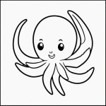 A simple black and white coloring page featuring a cute baby octopus holding seashells, designed with clear outlines for kids to color in a coloring book.