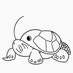 A simple black and white coloring page of a baby turtle crawling on the beach, designed for kids, featuring clear outlines and no shading.