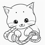 Black and white line art of a kitten playing with yarn, designed as a coloring page for children, featuring clear outlines and no shading.
