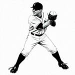 A simple black and white coloring page featuring a baseball player hitting a ball, designed for kids with clear outlines suitable for a coloring book.