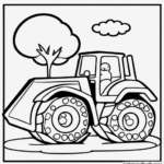 Simple black and white coloring page of a bulldozer pushing soil, perfect for kids to color, featuring clear outlines and no shading.
