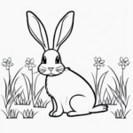 A simple black and white coloring page for kids, showing a bunny hopping through grass in clear line art, ideal for a coloring book.