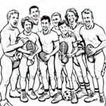 A simple black and white coloring page depicting a football team celebrating, designed for kids with clear outlines suitable for a coloring book.