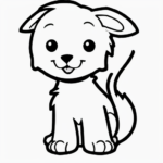 A simple black and white coloring page featuring a puppy wagging its tail, designed for kids to enjoy coloring with clear outlines and no shading.