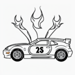 Black and white race car coloring page for kids with flames, featuring clear outlines and simple design for coloring book enjoyment.