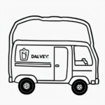 A simple black and white coloring page featuring a delivery van carrying packages, perfect for kids to color with clear outlines and no shading.