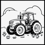 Black and white line art of a tractor on a field, perfect for kids' coloring. Clear outlines make it easy and fun for children to express creativity.