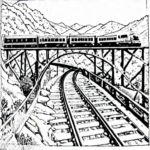 A simple black and white coloring page of a train crossing a bridge, designed for kids to color, featuring clear outlines and no shading.